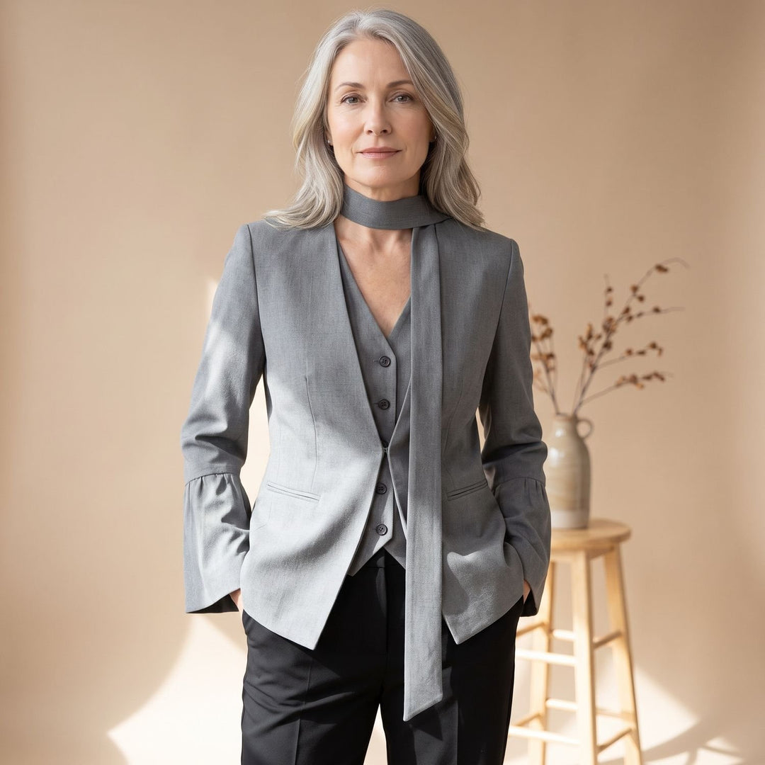 Women's Slim-Fit Deep V-Neck Flare-Sleeve Blazer Jacket - Gray