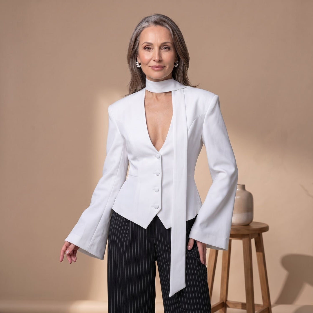 Women's Slim-Fit Deep V-Neck Flare-Sleeve Blazer Jacket - White