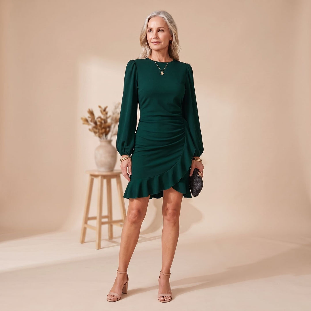 Women's Slim-Fit Long-Sleeve Ruffle-Hem Cocktail Dress - Green