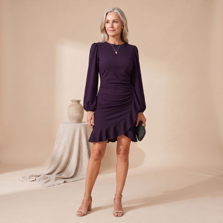 Women's Slim-Fit Long-Sleeve Ruffle-Hem Cocktail Dress - Purple