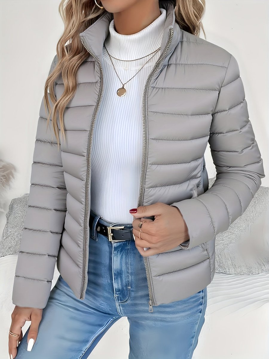 Women's Slim-Fit Quilted Zip-Up Puffer Jacket Turtleneck Sweater Layer - Gray