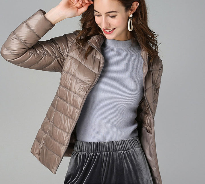 Women's Slim-Fit Quilted Zip-Up Puffer Jacket Turtleneck Sweater Layer - Khaki