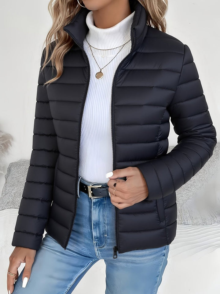Women's Slim-Fit Quilted Zip-Up Puffer Jacket Turtleneck Sweater Layer - Black