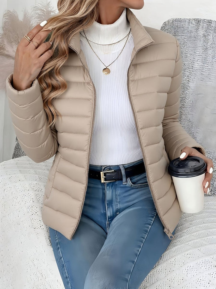 Women's Slim-Fit Quilted Zip-Up Puffer Jacket Turtleneck Sweater Layer
