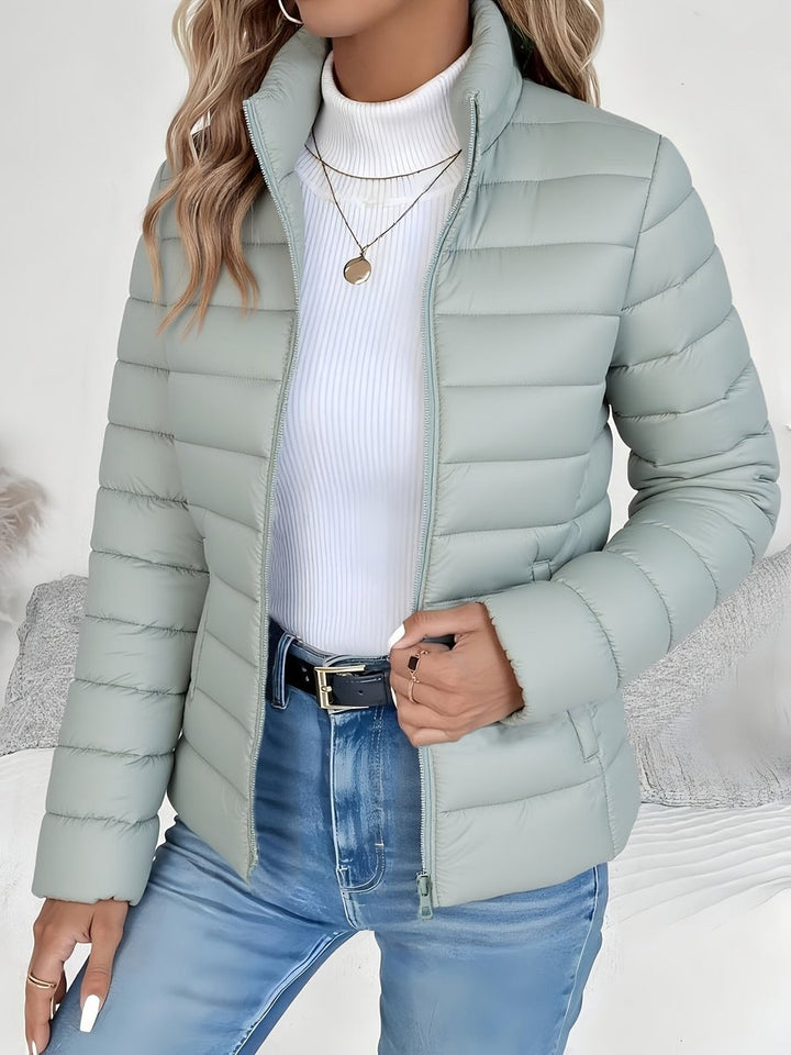 Women's Slim-Fit Quilted Zip-Up Puffer Jacket Turtleneck Sweater Layer - Light Green