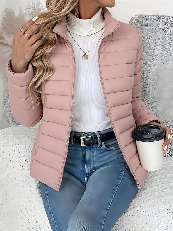 Women's Slim-Fit Quilted Zip-Up Puffer Jacket Turtleneck Sweater Layer - Pink