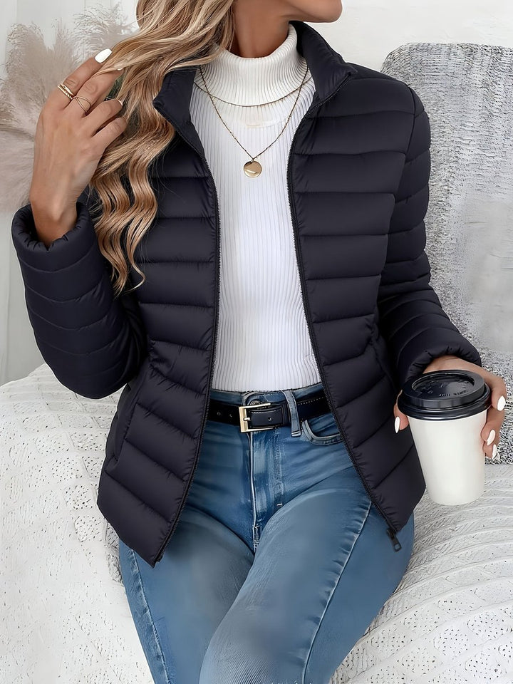 Women's Slim-Fit Quilted Zip-Up Puffer Jacket Turtleneck Sweater Layer