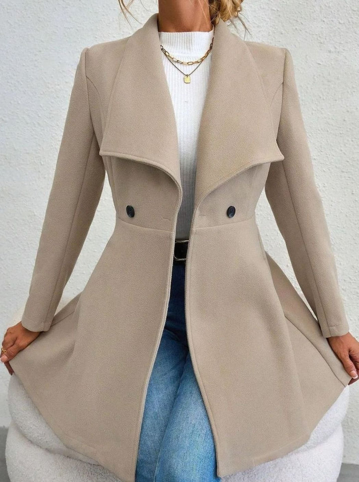 Women's Slim Fit Wool Coat Lapel Double-Button Flared Hem Outerwear - Beige