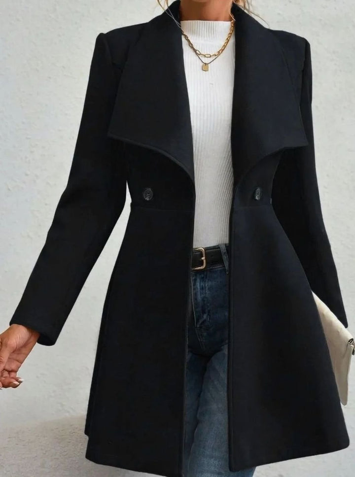 Women's Slim Fit Wool Coat Lapel Double-Button Flared Hem Outerwear - Black