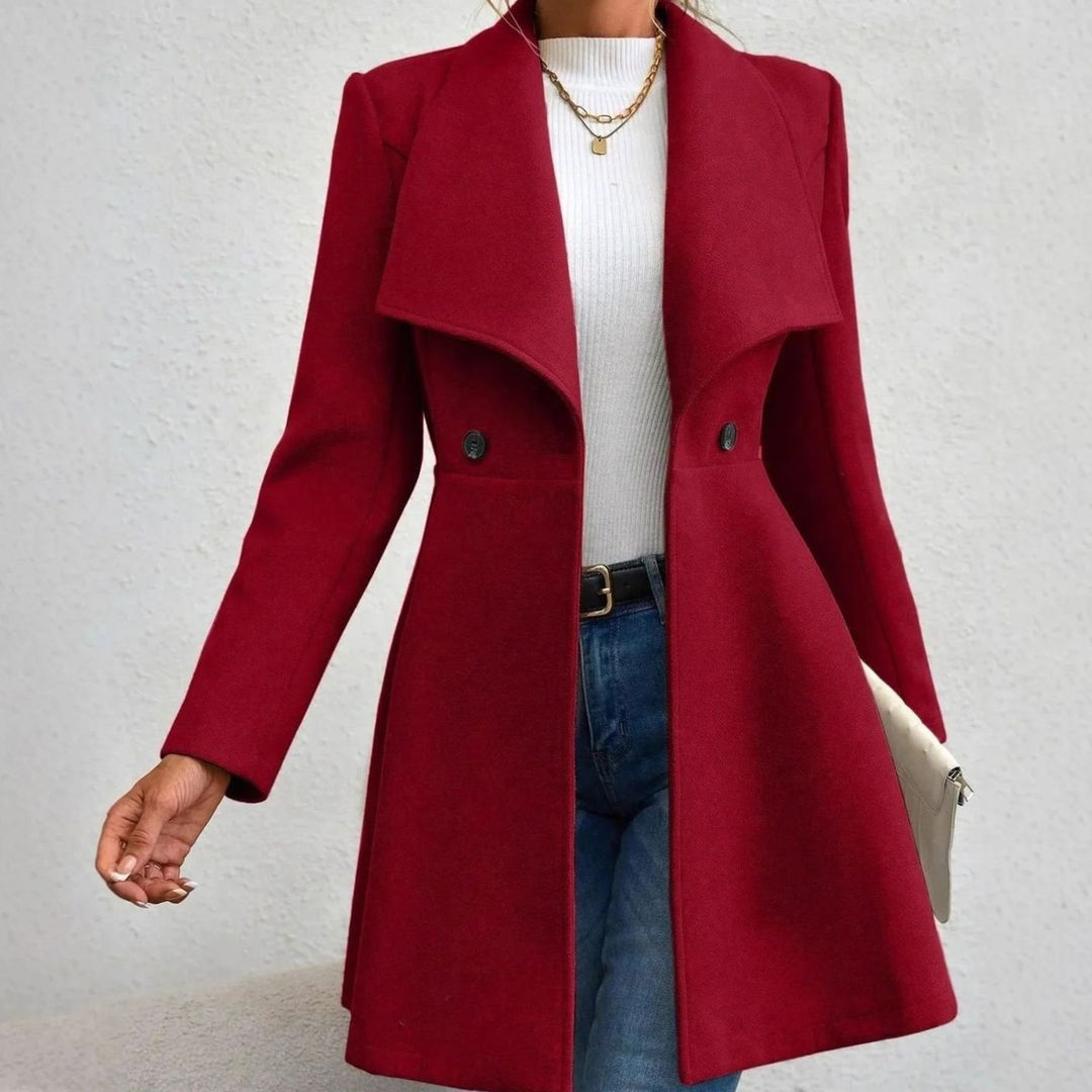 Women's Slim Fit Wool Coat Lapel Double-Button Flared Hem Outerwear - Red