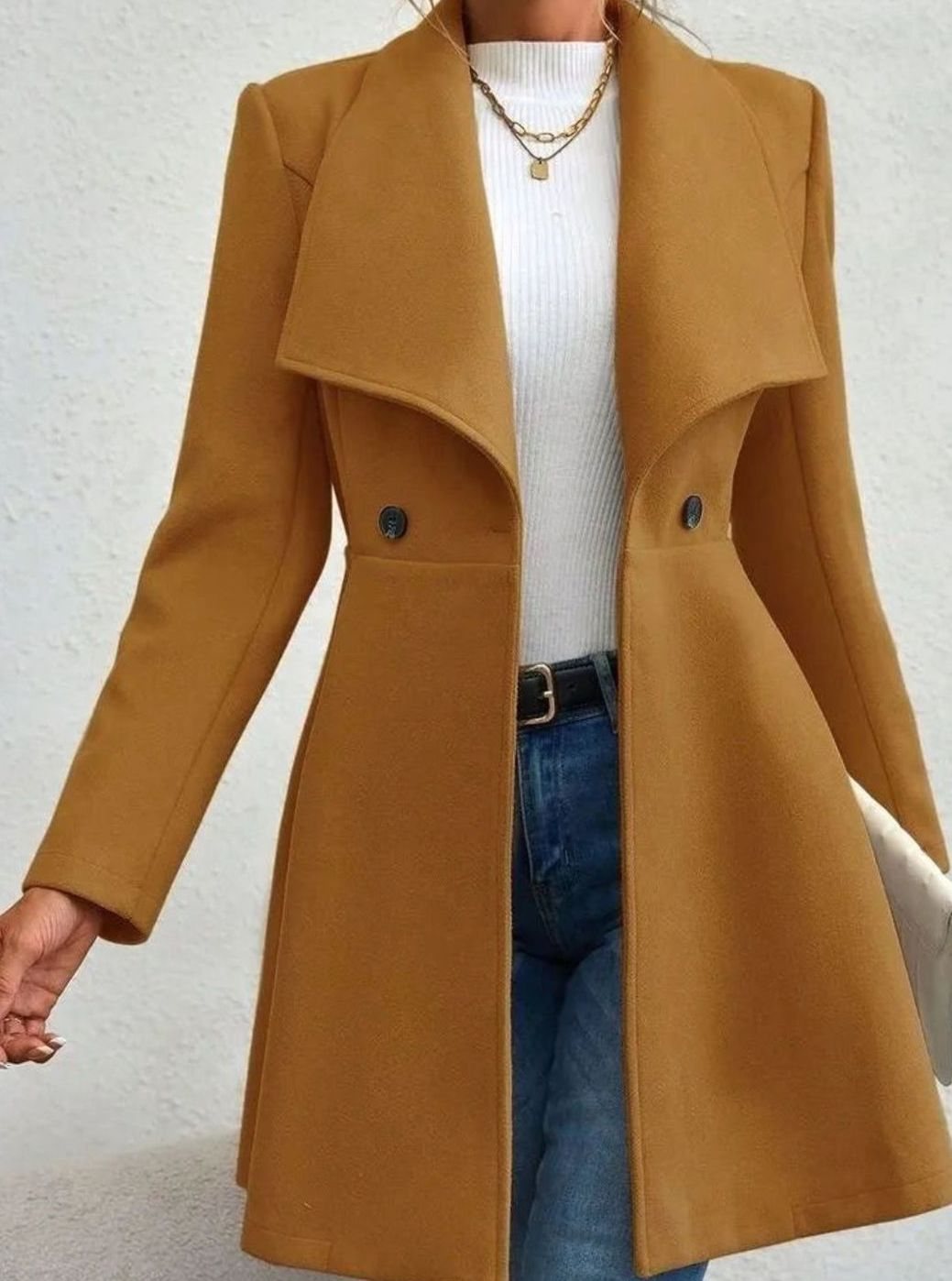 Women's Slim Fit Wool Coat Lapel Double-Button Flared Hem Outerwear - Yellow