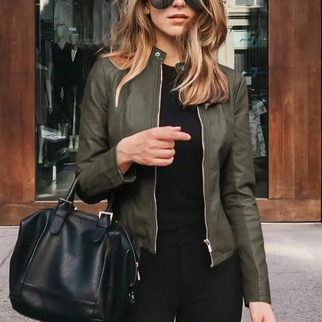 Women's Slim-Fit Zip-Up Moto Faux Leather Jacket - Green Leather