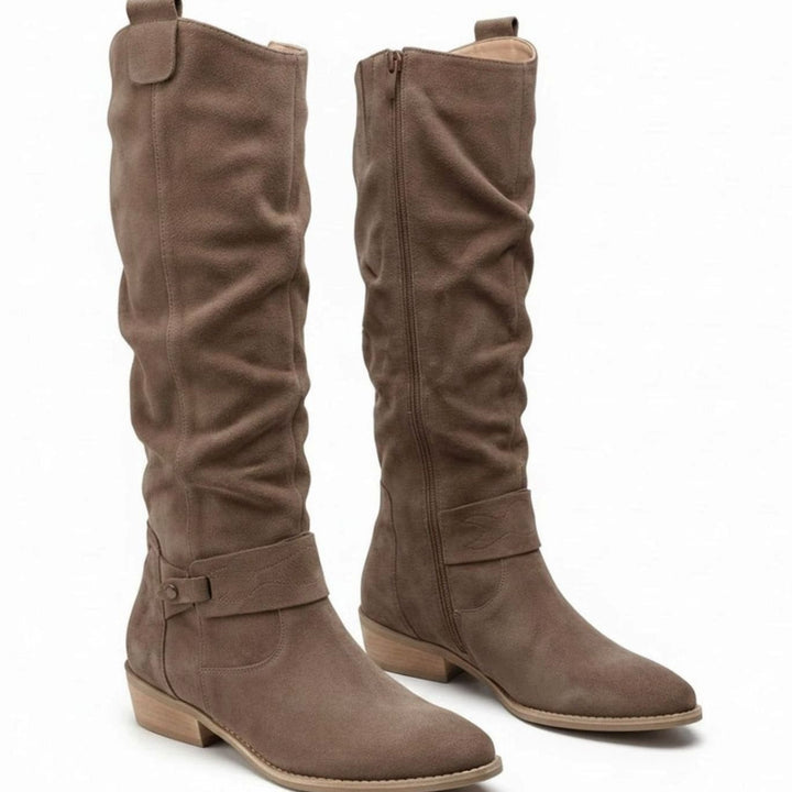 Women's Slouch Knee High Boots Block Heel Ankle Strap - Taupe