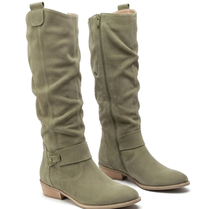 Women's Slouch Knee High Boots Block Heel Ankle Strap - Dark Green