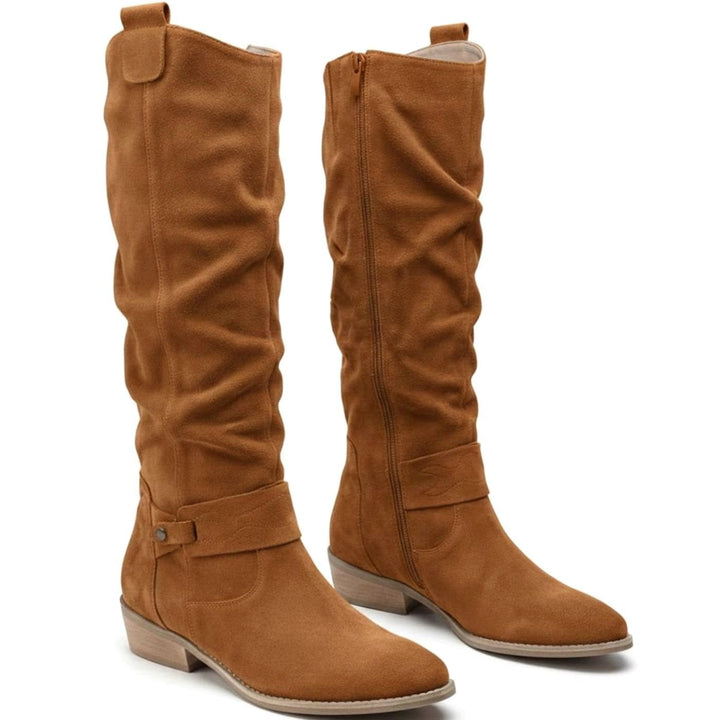 Women's Slouch Knee High Boots Block Heel Ankle Strap - Light Brown