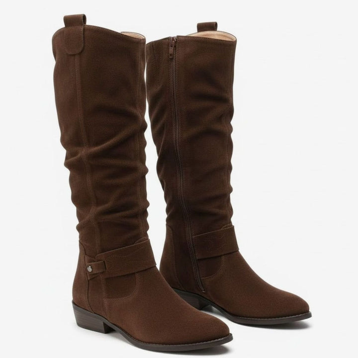 Women's Slouch Knee High Boots Block Heel Ankle Strap - Dark Brown