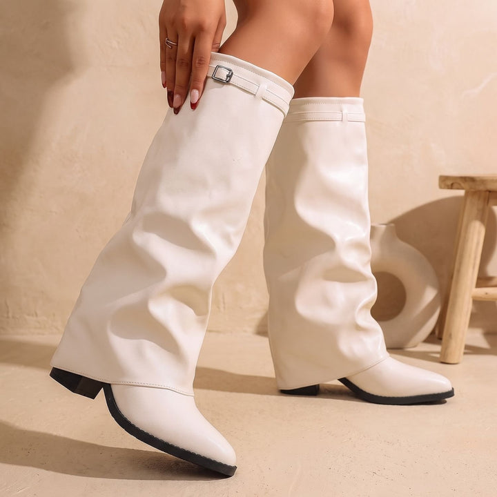 Women's Slouch Knee High Boots Pointed-Toe Low Block Heel Buckle Strap