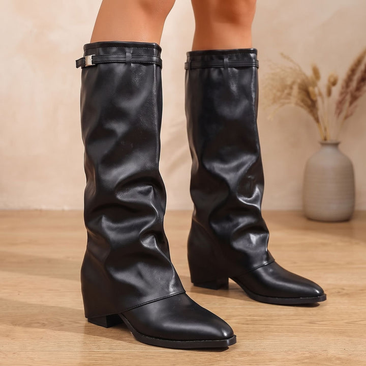 Women's Slouch Knee High Boots Pointed-Toe Low Block Heel Buckle Strap
