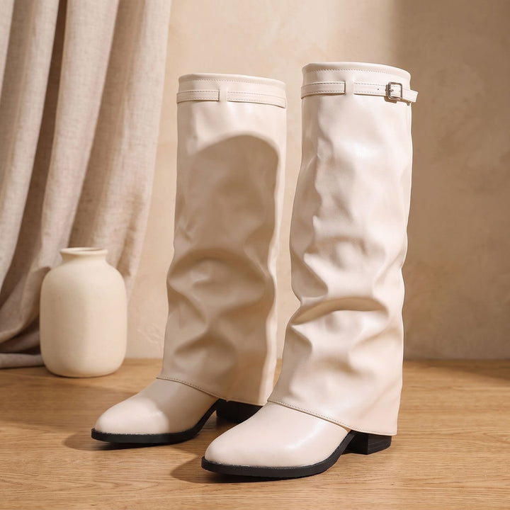Women's Slouch Knee High Boots Pointed-Toe Low Block Heel Buckle Strap