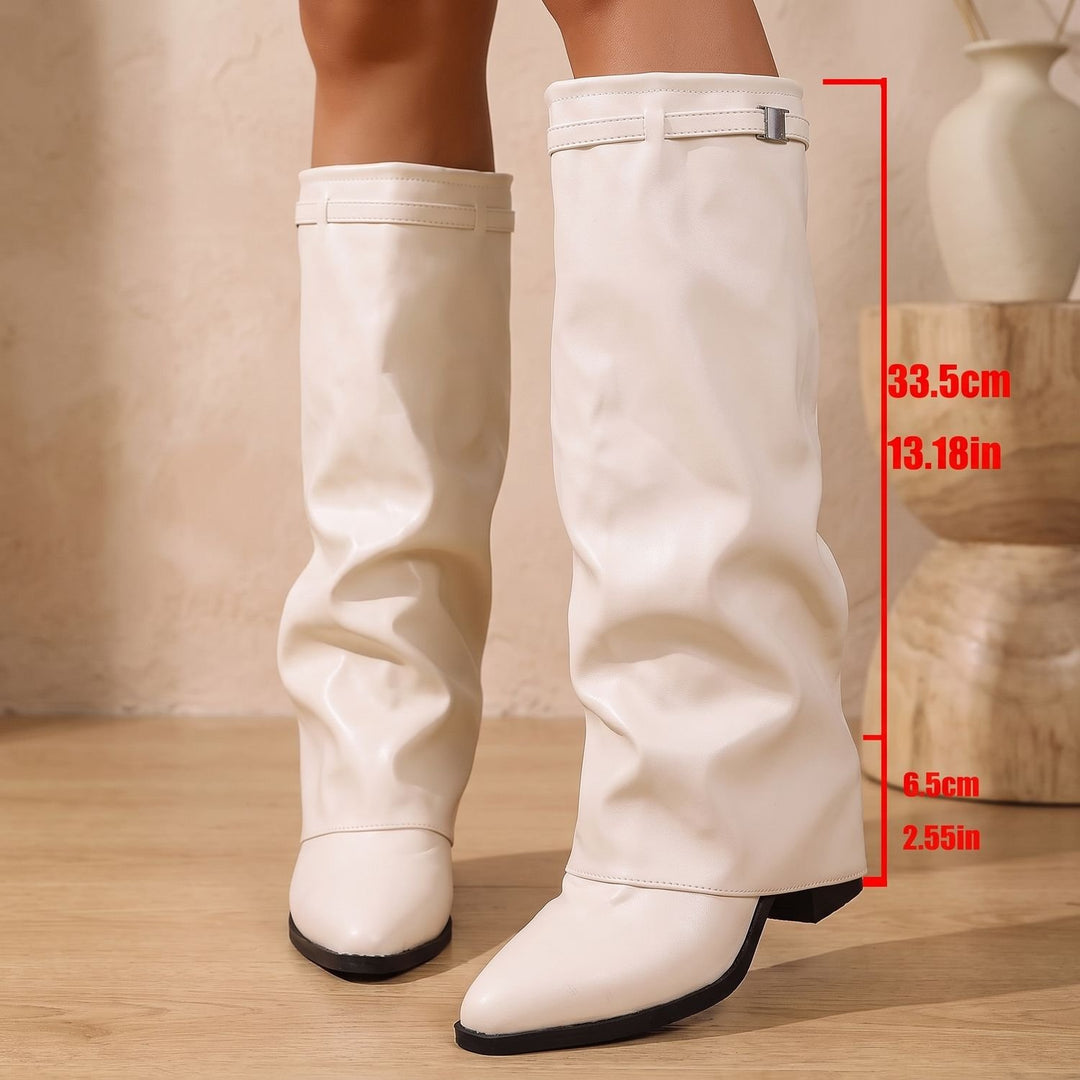 Women's Slouch Knee High Boots Pointed-Toe Low Block Heel Buckle Strap - Cream White