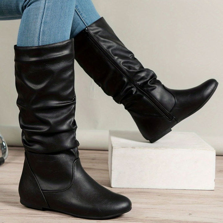 Women's Slouched Mid-Calf Boots Flat Zipper Faux Leather