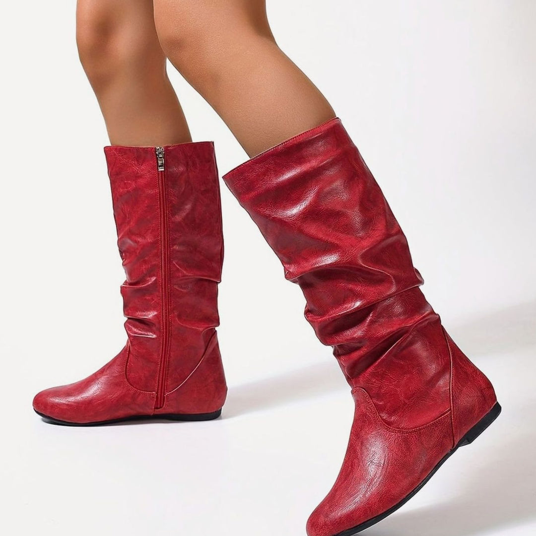 Women's Slouched Mid-Calf Boots Flat Zipper Faux Leather