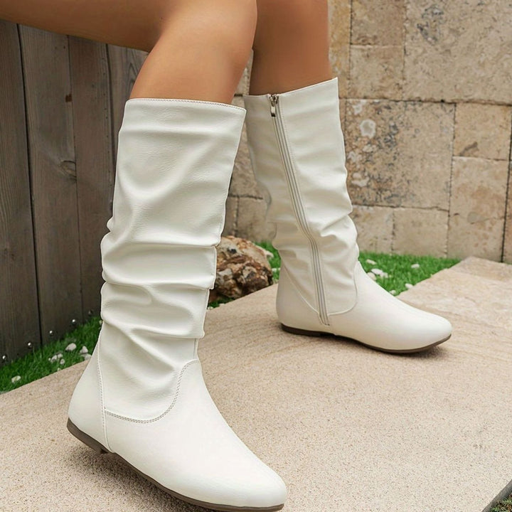 Women's Slouched Mid-Calf Boots Flat Zipper Faux Leather