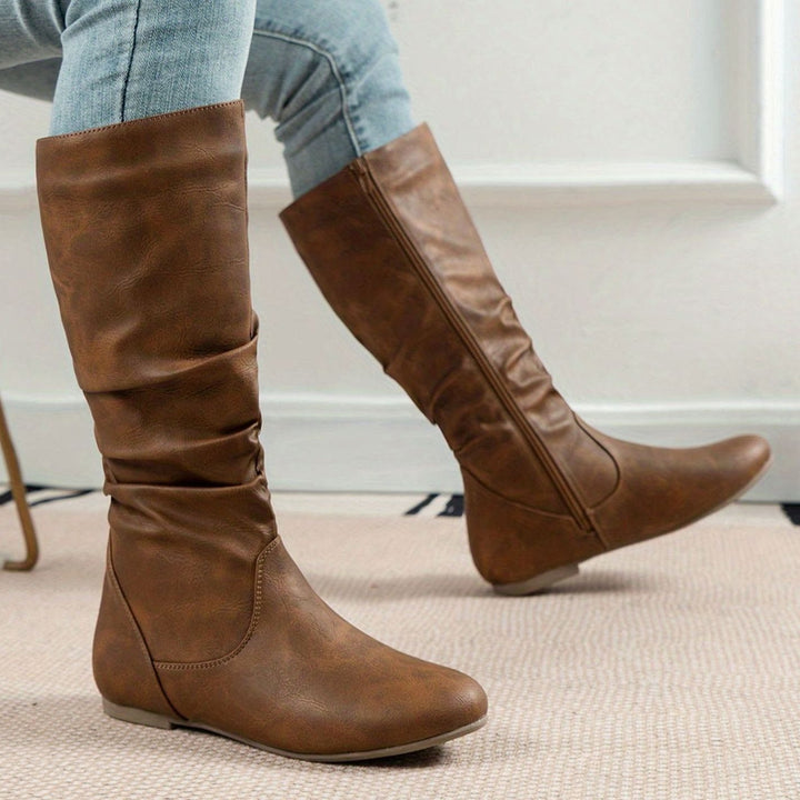 Women's Slouched Mid-Calf Boots Flat Zipper Faux Leather - Light Brown