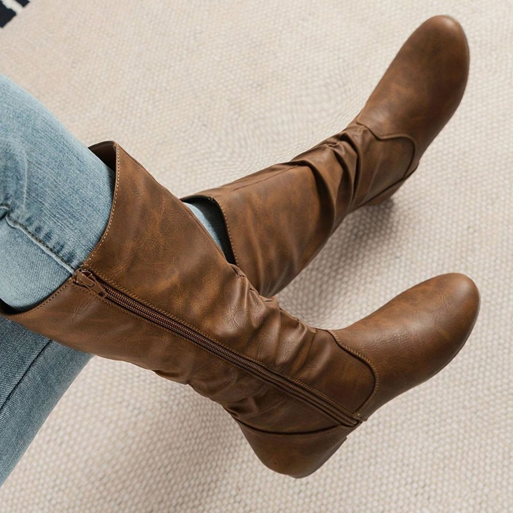Women's Slouched Mid-Calf Boots Flat Zipper Faux Leather