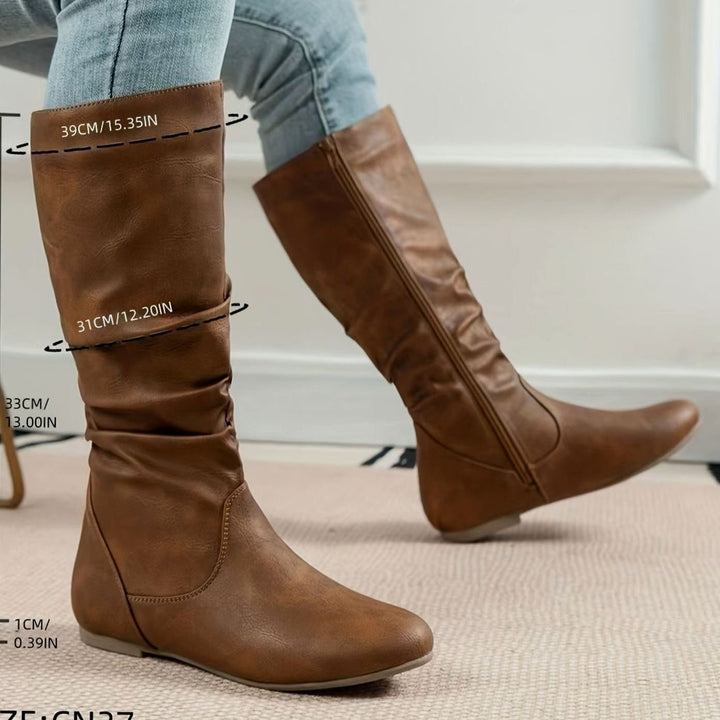 Women's Slouched Mid-Calf Boots Flat Zipper Faux Leather