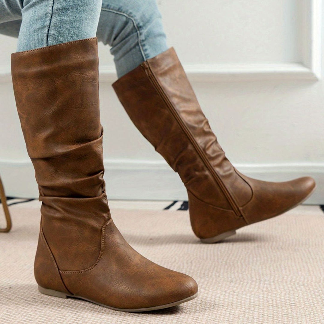 Women's Slouched Mid-Calf Boots Flat Zipper Faux Leather