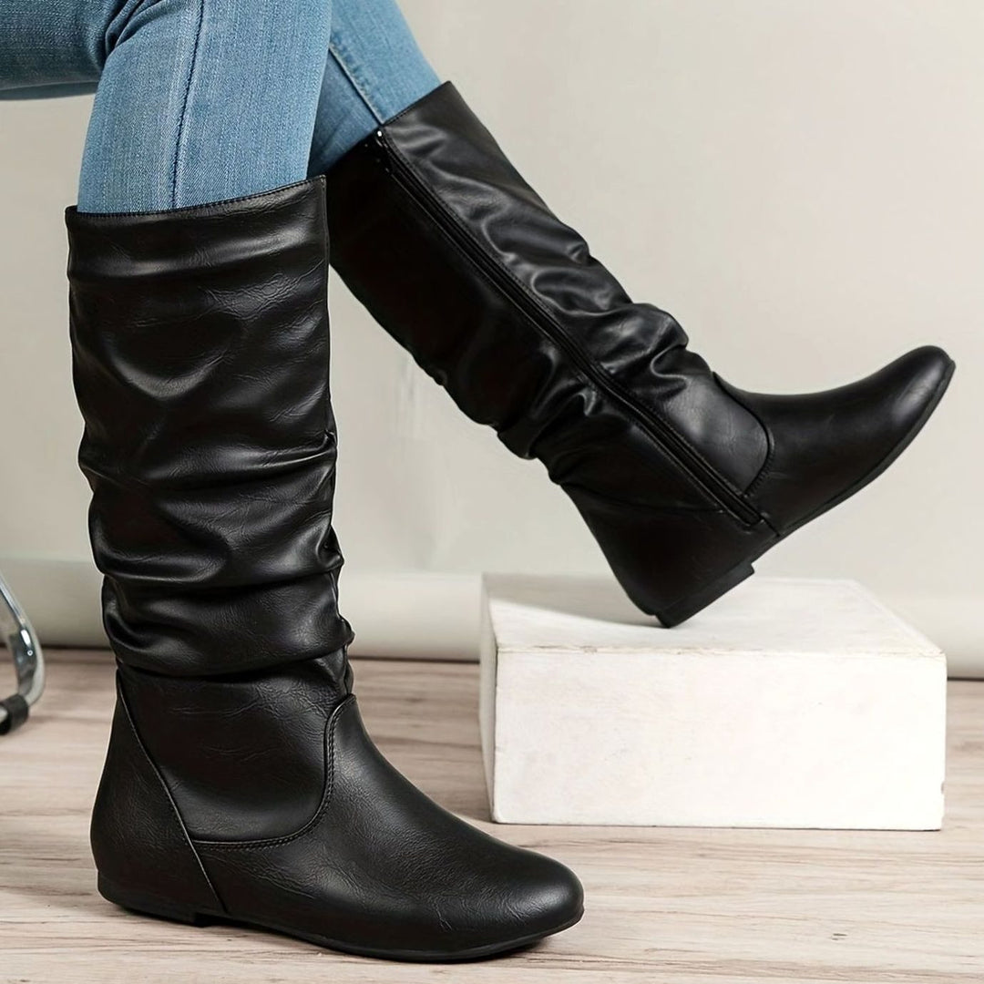 Women's Slouched Mid-Calf Boots Flat Zipper Faux Leather