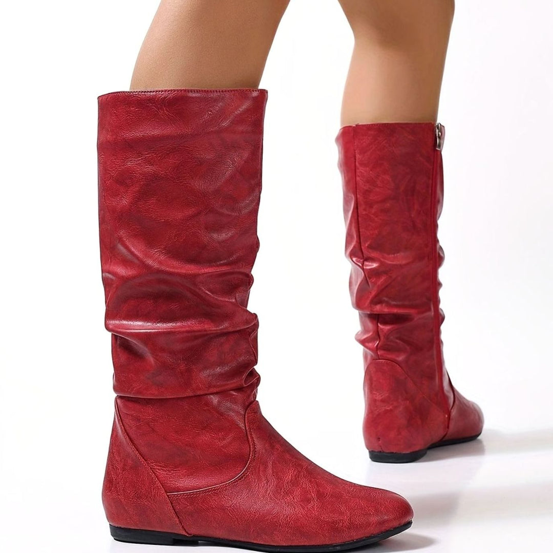 Women's Slouched Mid-Calf Boots Flat Zipper Faux Leather