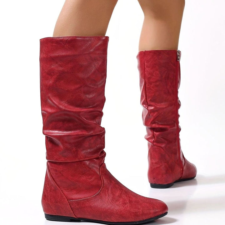 Women's Slouched Mid-Calf Boots Flat Zipper Faux Leather