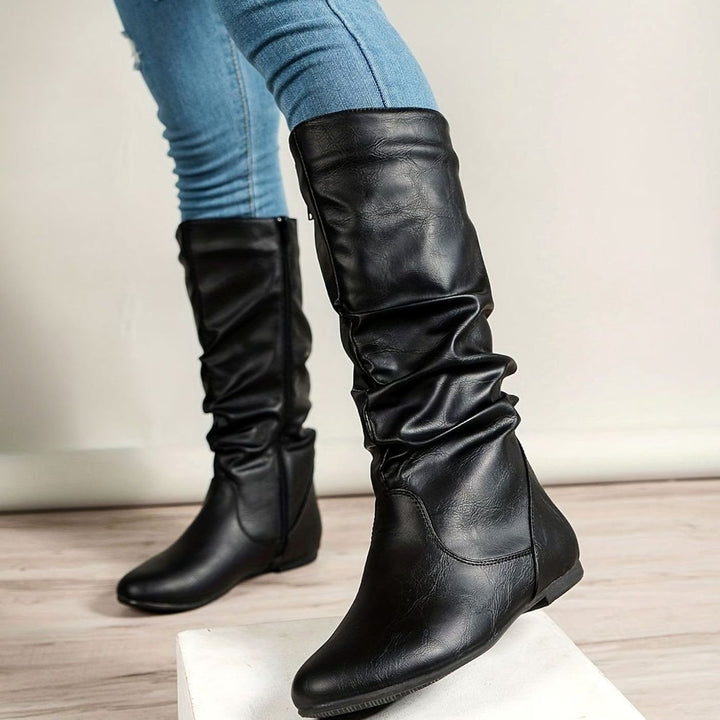 Women's Slouched Mid-Calf Boots Flat Zipper Faux Leather