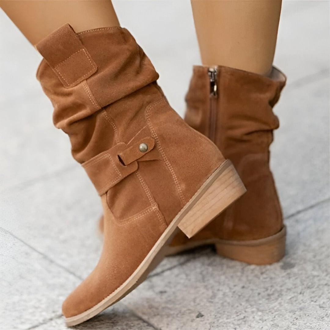 Women's Slouchy Faux Suede Mid-Calf Knee High Boots Low Block Heel - Brown