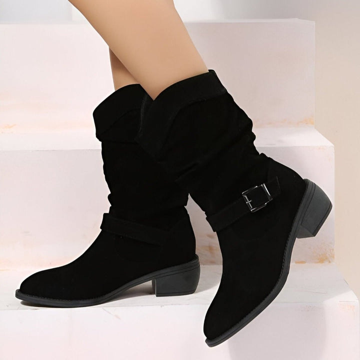 Women's Slouchy Faux Suede Mid-Calf Knee High Boots Low Block Heel - Black