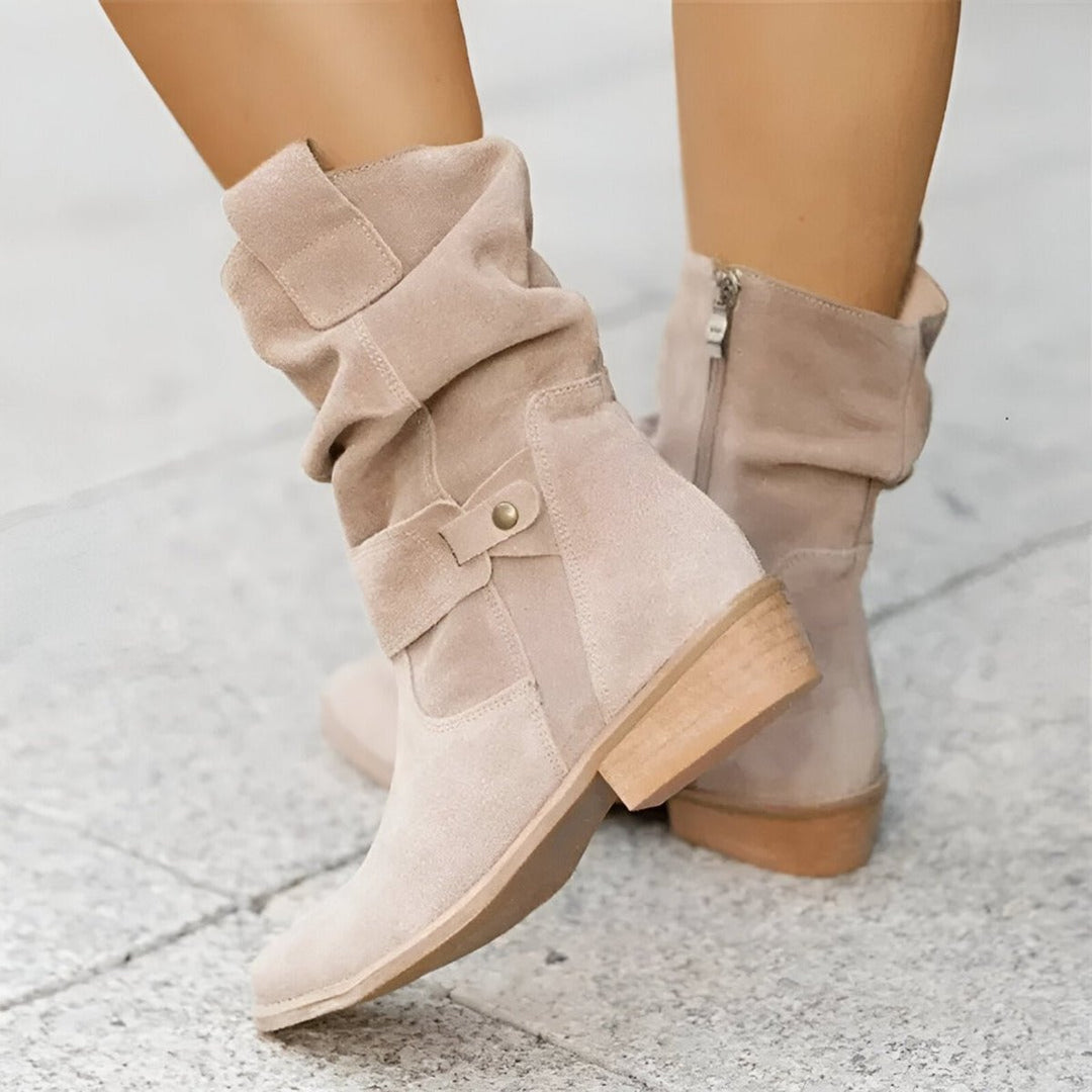 Women's Slouchy Faux Suede Mid-Calf Knee High Boots Low Block Heel - Beige