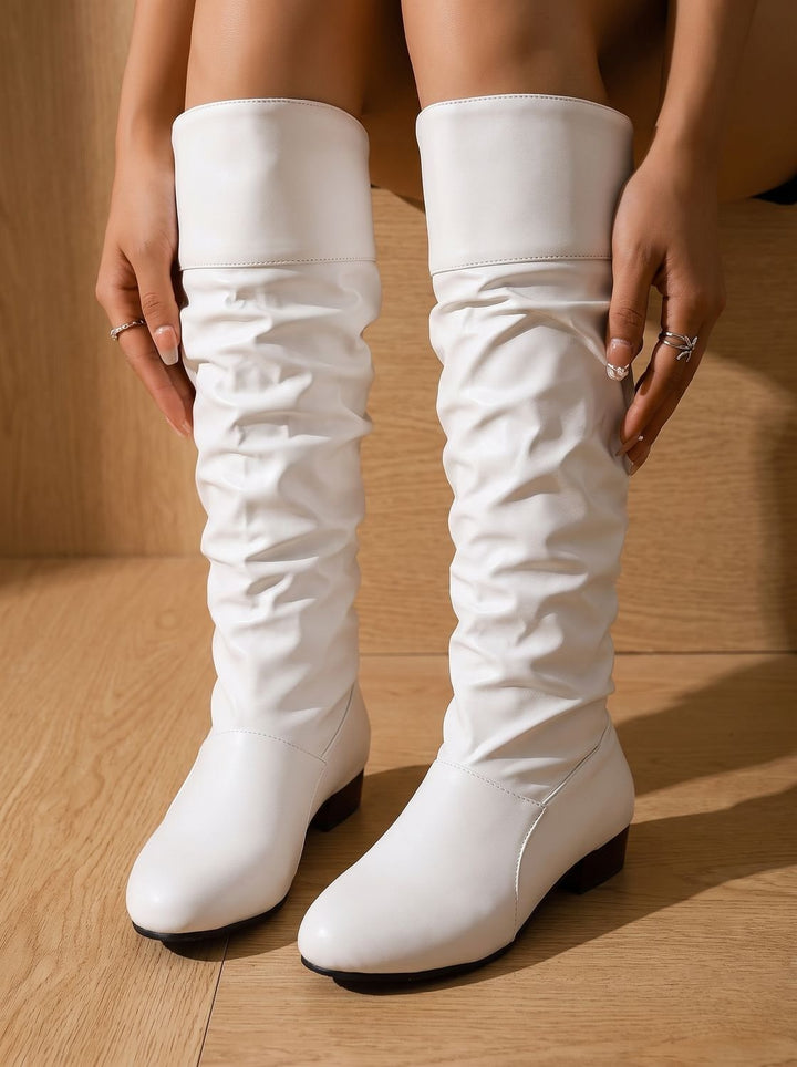 Women's Slouchy Knee High Boots Pointed-Toe Pull-On Block Heel, White