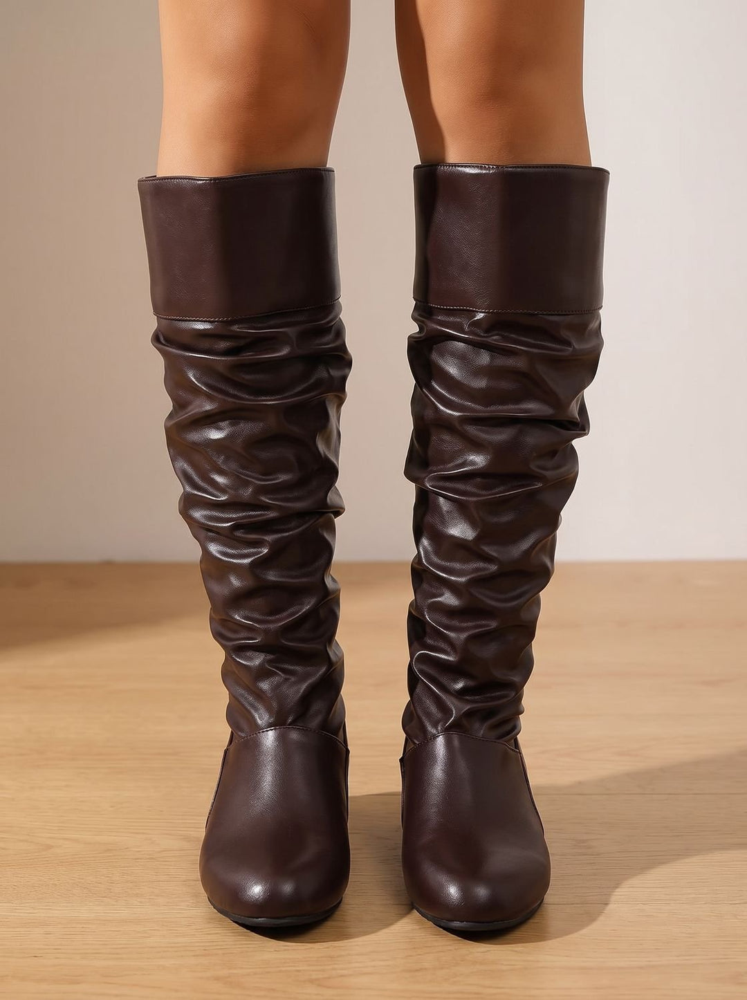 Women's Slouchy Knee High Boots Pointed-Toe Pull-On Block Heel, White