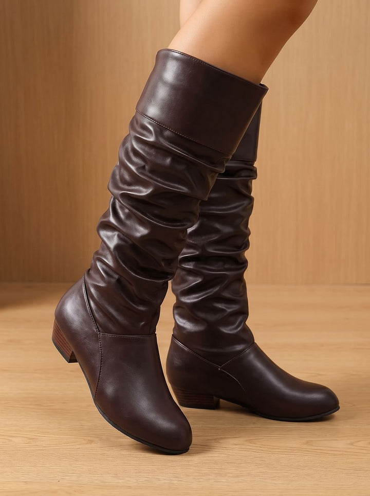 Women's Slouchy Knee High Boots Pointed-Toe Pull-On Block Heel, White