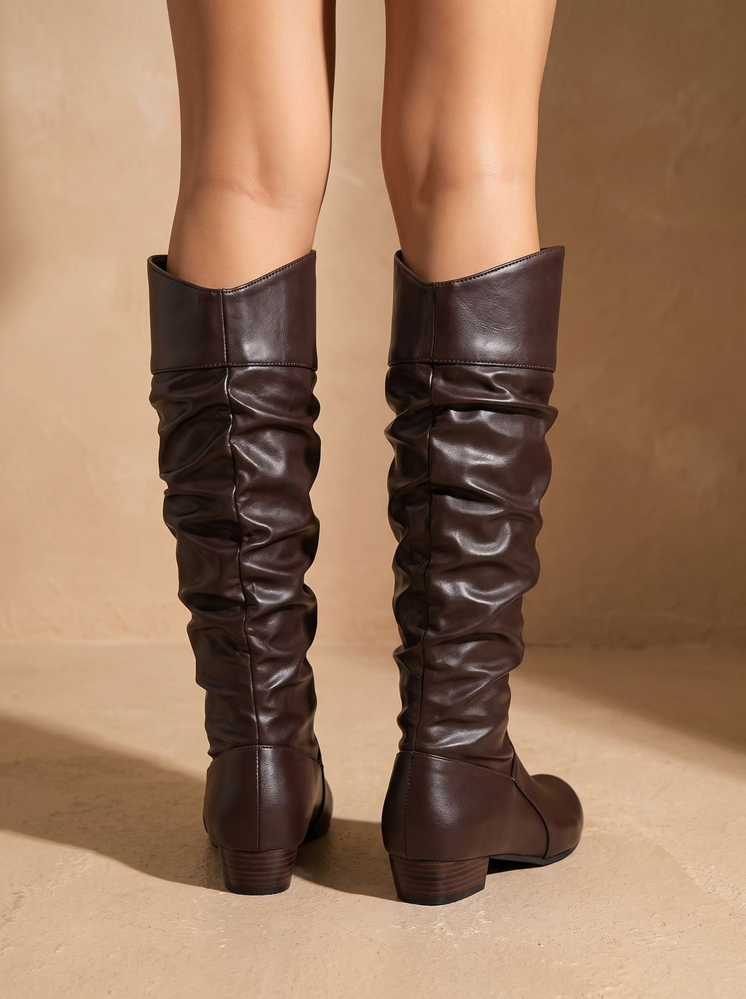 Women's Slouchy Knee High Boots Pointed-Toe Pull-On Block Heel, White - Coffee Brown