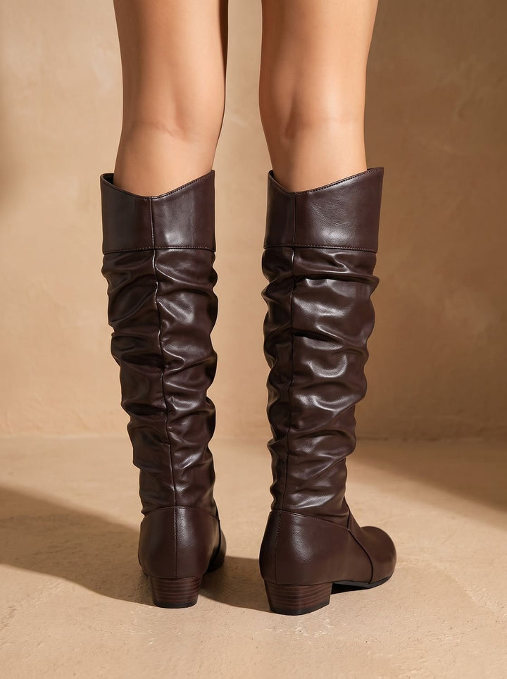 Women's Slouchy Knee High Boots Pointed-Toe Pull-On Block Heel, White - Coffee Brown