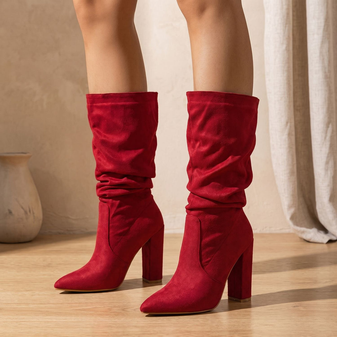 Women's Slouchy Pointed-Toe Block-Heel Knee High Boots - Red