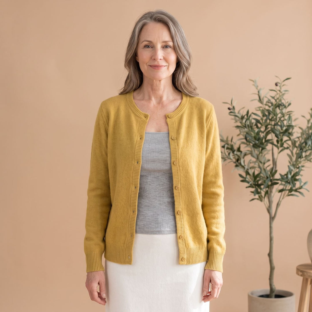 Women's Soft Knit Button-Front Crew Neck Cardigan - Yellow