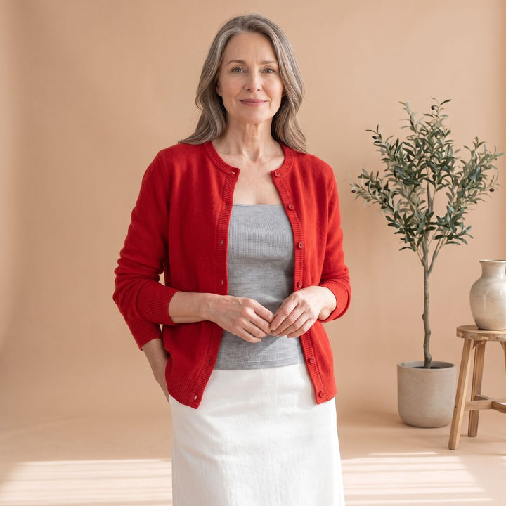 Women's Soft Knit Button-Front Crew Neck Cardigan - Red