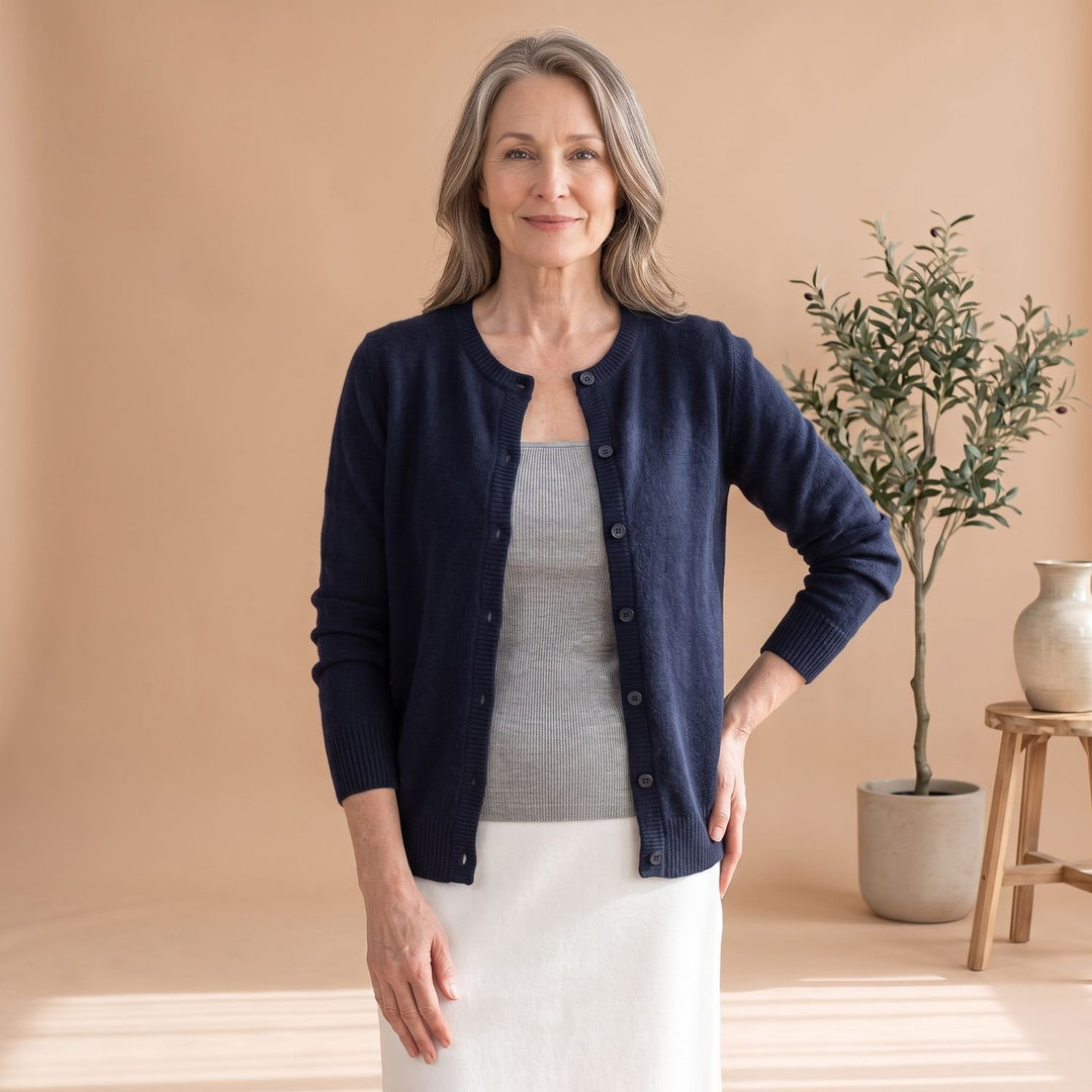 Women's Soft Knit Button-Front Crew Neck Cardigan - Navy Blue