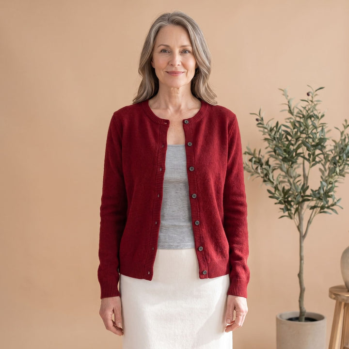 Women's Soft Knit Button-Front Crew Neck Cardigan - Wine Red