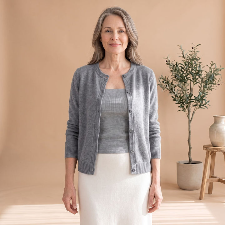 Women's Soft Knit Button-Front Crew Neck Cardigan - Gray