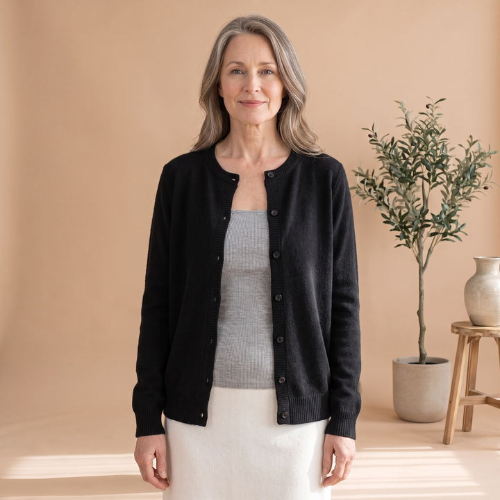 Women's Soft Knit Button-Front Crew Neck Cardigan - Black